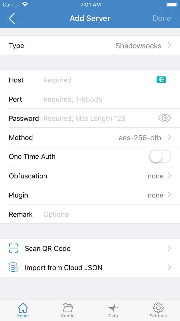 Shadowrocket's Add Server screen, showing Type, Host, Port, Password, and Method fields, plus the QR code import option