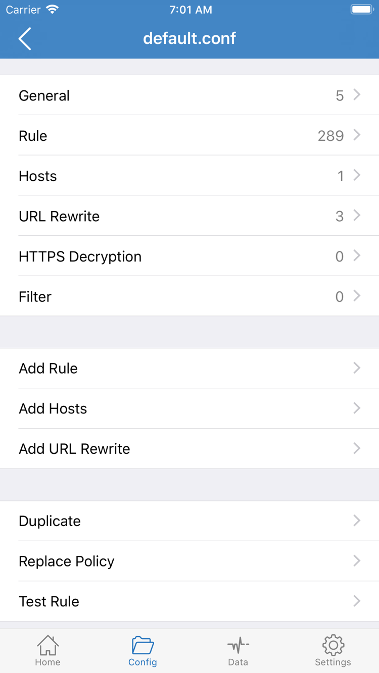 Shadowrocket's Config editor, showing the General, Rule, Hosts, URL Rewrite, and HTTPS Decryption sections and the Add Rule option