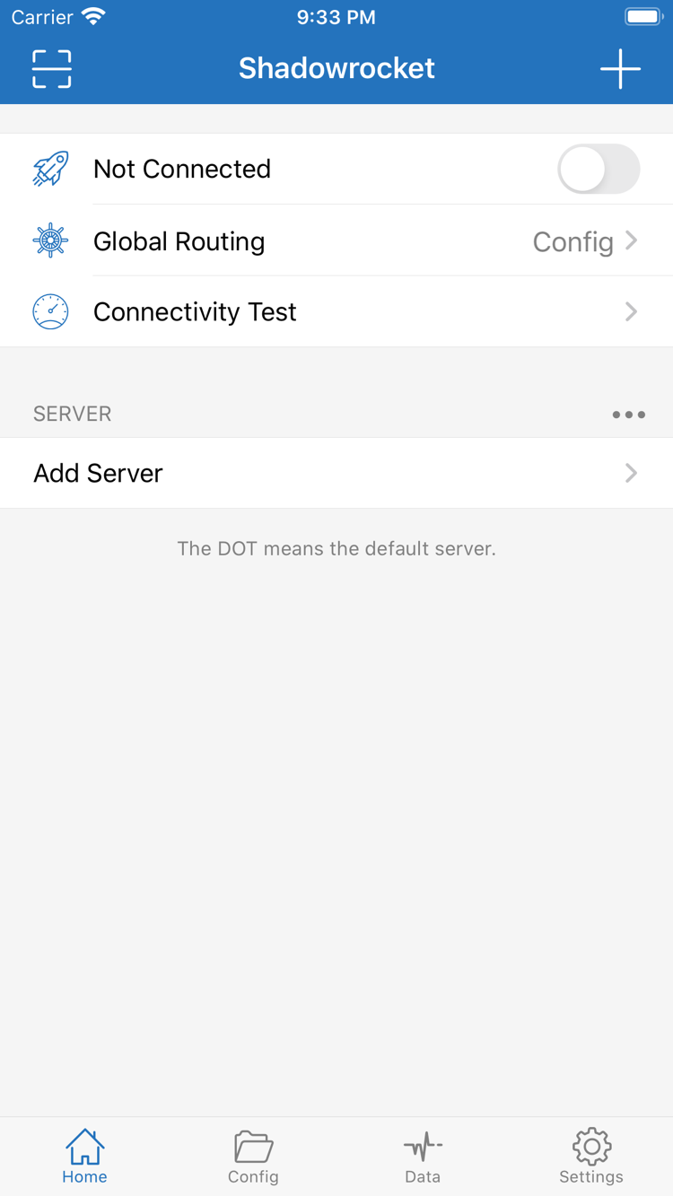 Shadowrocket's Home screen, showing the Not Connected status and connection switch, Global Routing, and Connectivity Test at the top, with the SERVER group and Add Server below