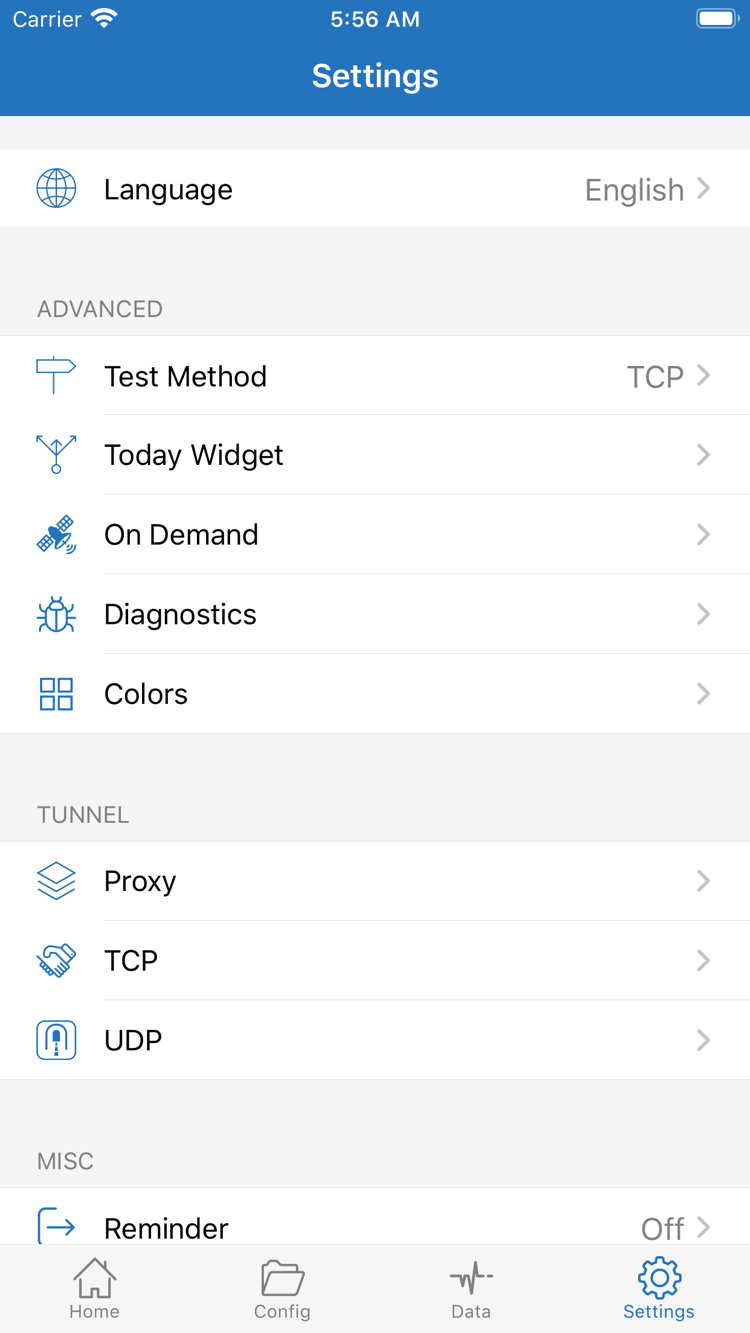 Shadowrocket's Settings screen, showing Language, Test Method, Today Widget, On Demand, Diagnostics, and the Proxy, TCP, and UDP settings